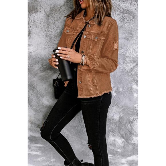 Brand New Women's A-Brown Cotton Necooer Distressed Button-Up Boyfriend Jacket - Picture 5 of 7